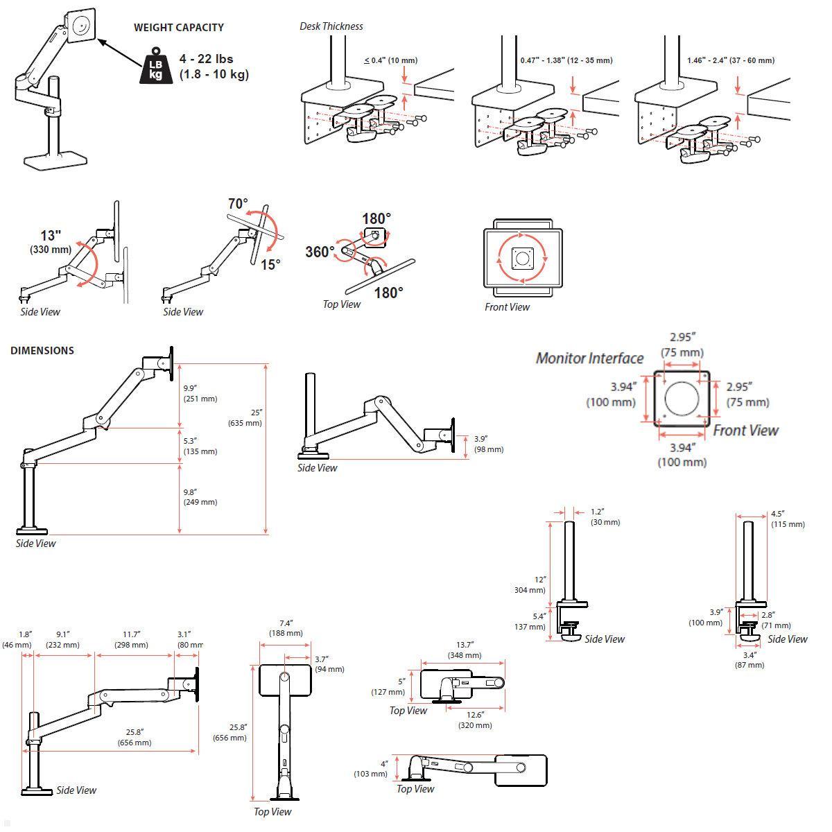 Ergotron LX Pro Monitor Tischhalterung mit hoher Säule (45-695-293), Maße