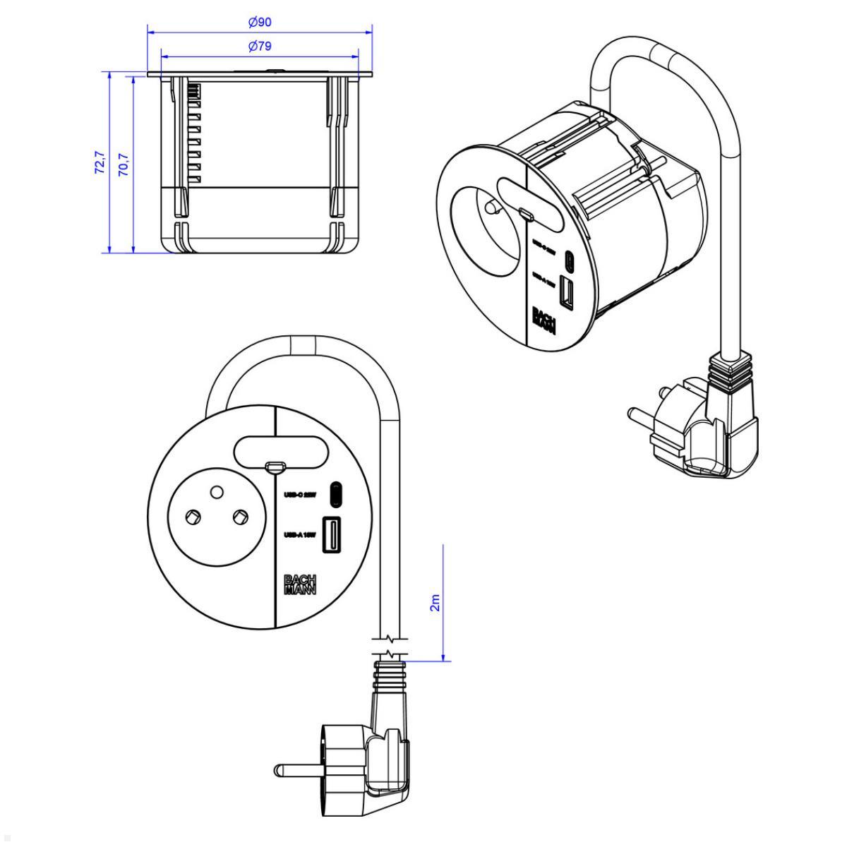 Bachmann LOOP IN CHARGE UTE Steckdose USB A/C Winkelstecker, weiß (938.302), technische Zeichnung Bachmann LOOP IN CHARGE UTE Steckdose USB A/C Winkelstecker, weiß (938.302), technische Zeichnung