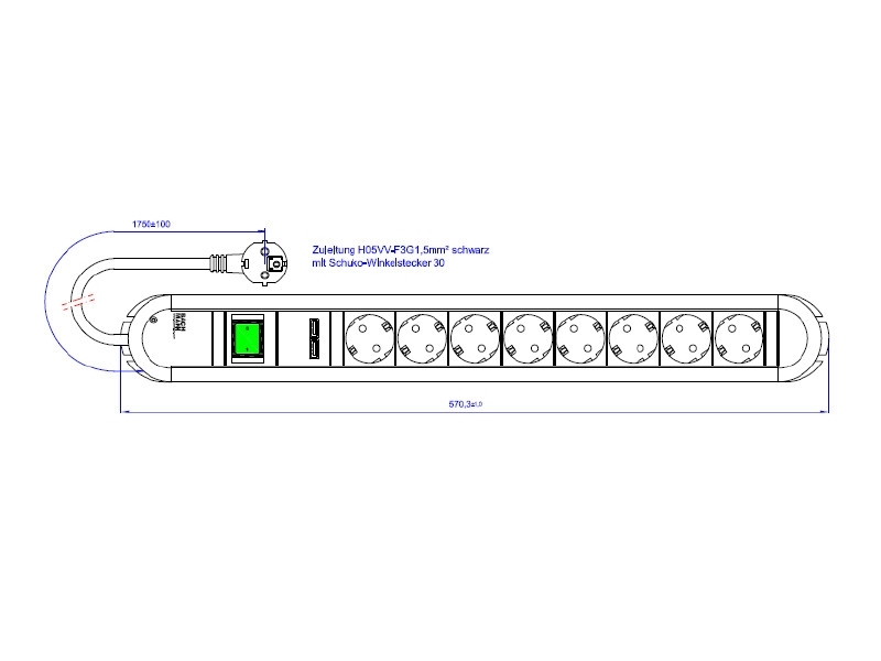 Bachmann PRIMO 8x Steckdose 1x USB 1x Schalter Zuleitung 2m (331.154) Zeichnung Bachmann PRIMO 8x Steckdose 1x USB 1x Schalter Zuleitung 2m (331.154) Zeichnung