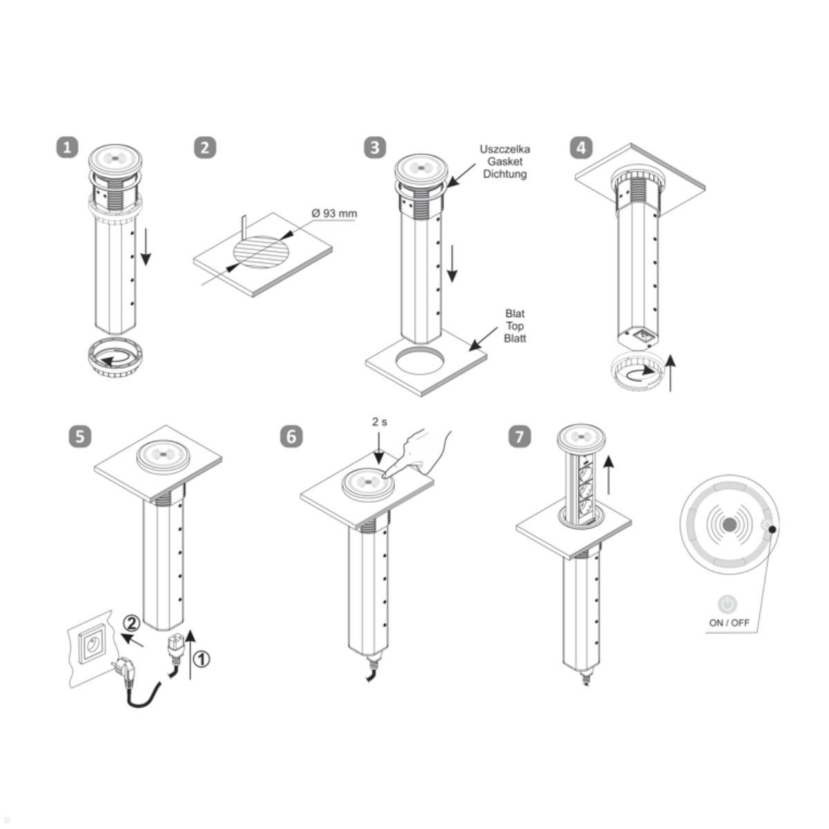 TecLines TVS006S versenkbare 3-fach Steckdosenleiste mit USB A/C, Qi, silber, einfache Montage TecLines TVS006S versenkbare 3-fach Steckdosenleiste mit USB A/C, Qi, silber, einfache Montage