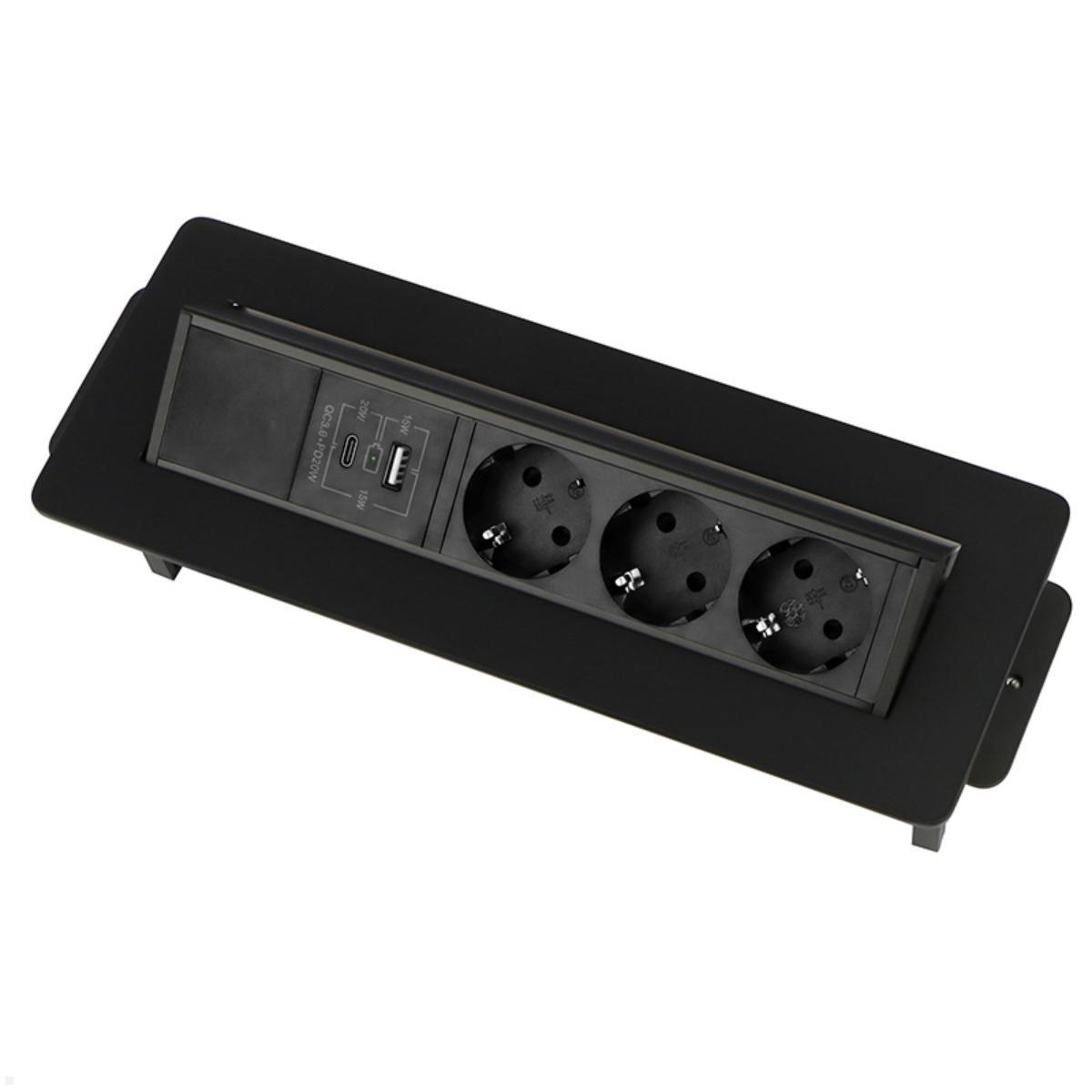 TecLines TES021B 3-fach Einbausteckdose mit USB A+C, schwarz, Schuko Steckdose 3-fach