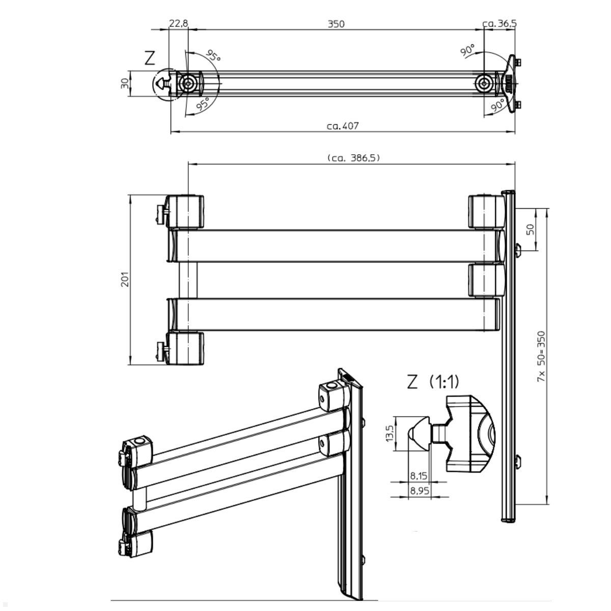 Novus TFC Universal Tragarm 350 mm für Alu Profil Zeichnung mit Maßen