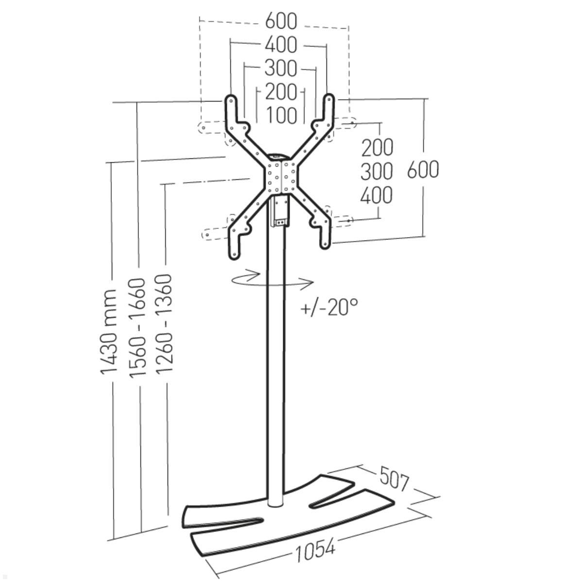 Erard LUX-UP 1400XL Display Ständer 40-85 Zoll, schwarz, Technische Zeichnung 2 Erard LUX-UP 1400XL Display Ständer 40-85 Zoll, schwarz, Technische Zeichnung 2