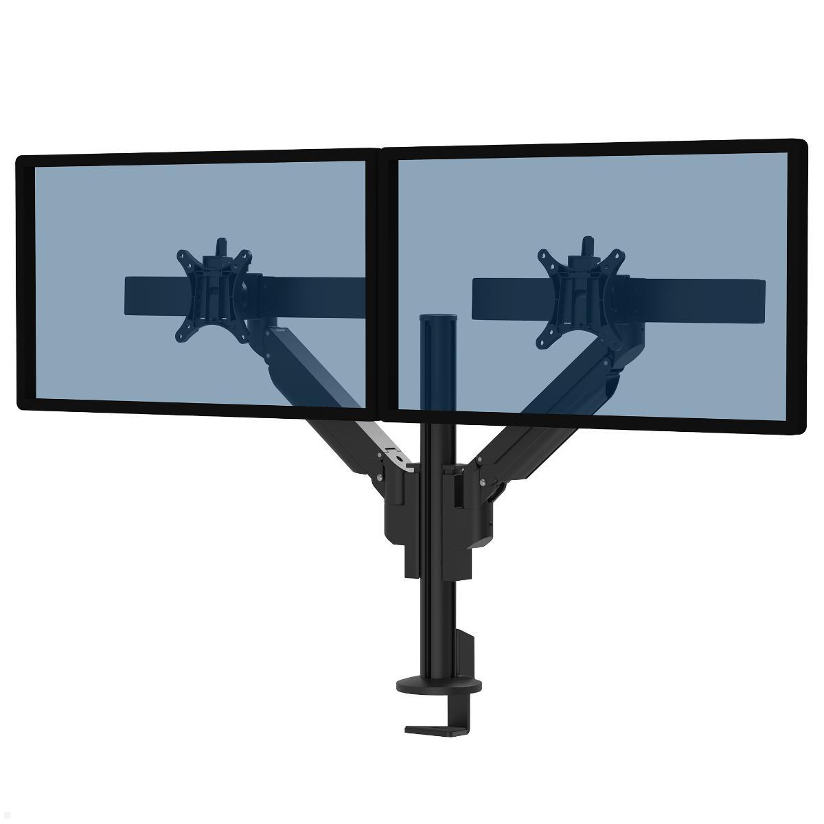 Fellowes Galaxy Dual Monitor Tischhalterung mit C-Klemme und Monitor-Slider, Frontansicht mit Monitor