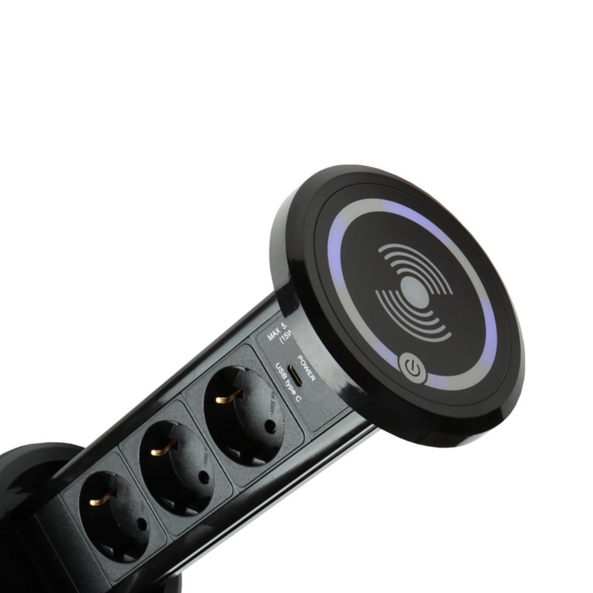 TecLines TVS006B versenkbare 3-fach Steckdosenleiste mit USB A/C, Qi Ladefunktion