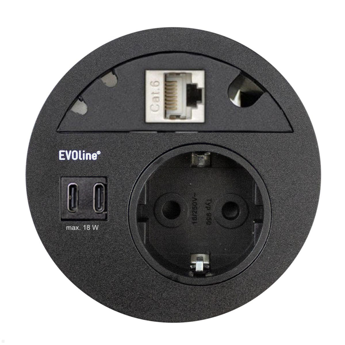 EVOline Circle80 Einbausteckdose mit USB-Charger C/C mit CAT6a, schwarz EVOline Circle80 Einbausteckdose mit USB-Charger C/C mit CAT6a, schwarz