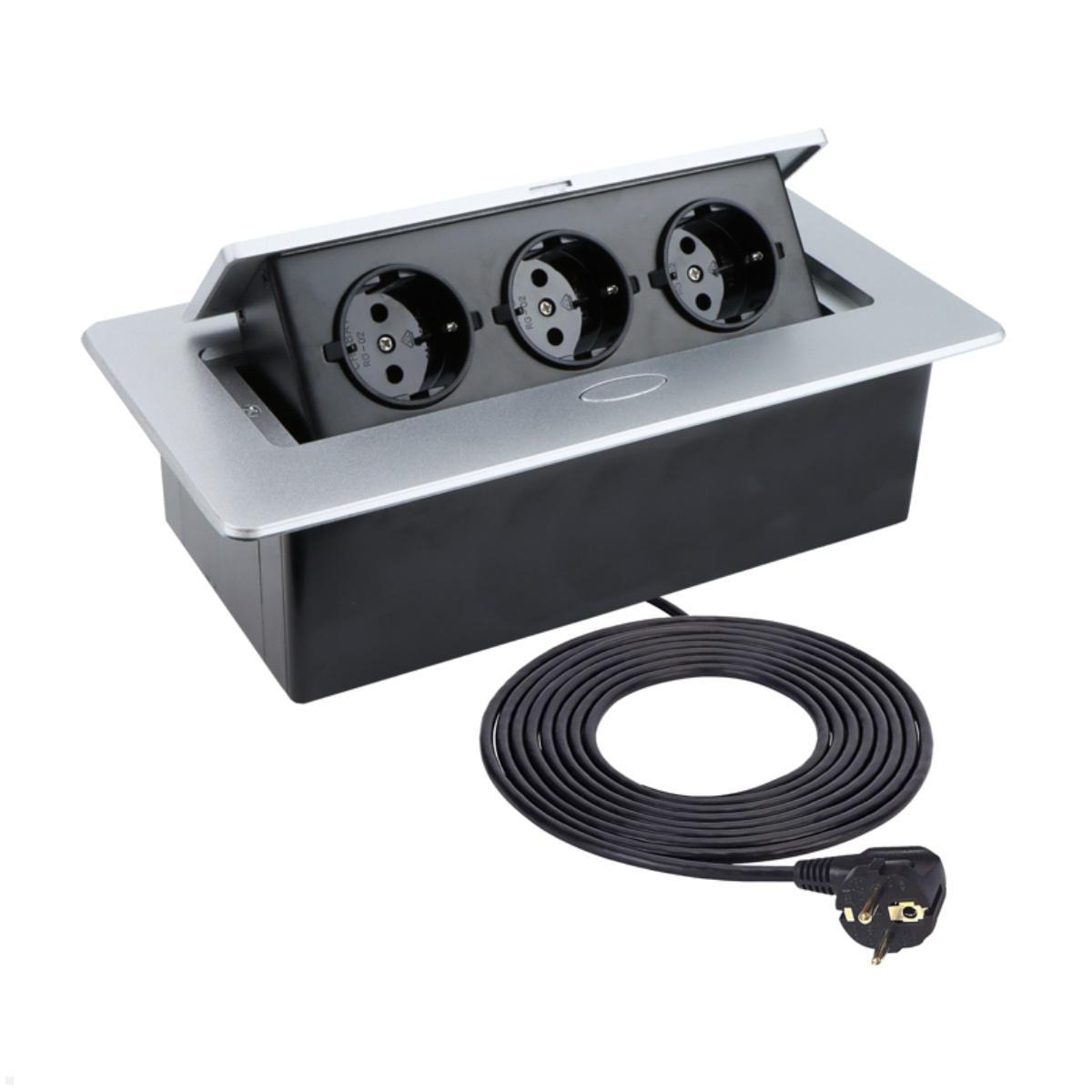 TecLines TES012S 3-fach Einbausteckdose mit 1,5m Kabel, silber TecLines TES012S 3-fach Einbausteckdose mit 1,5m Kabel, silber