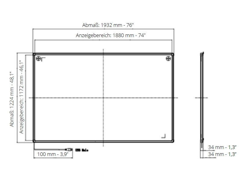 i3 Technologies interaktives Whiteboard 87 Zoll 10-Touch Duo Maße