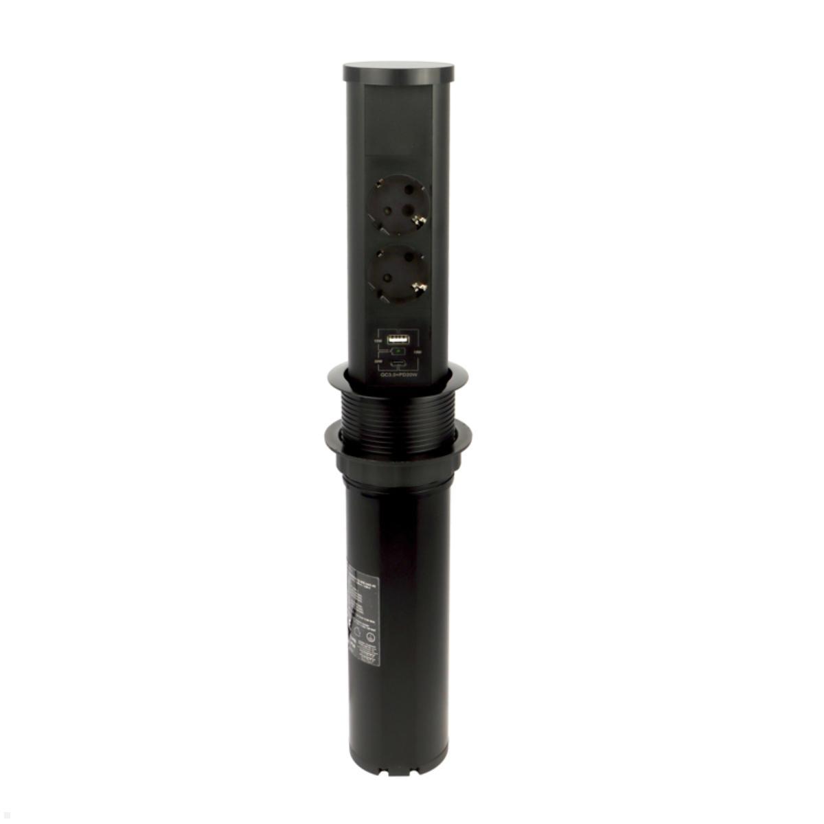 TecLines TVS011B versenkbare 2-fach Steckdose mit USB A/C und Qi charger, schwarz, pneumatischer Ausfahrmechanismus