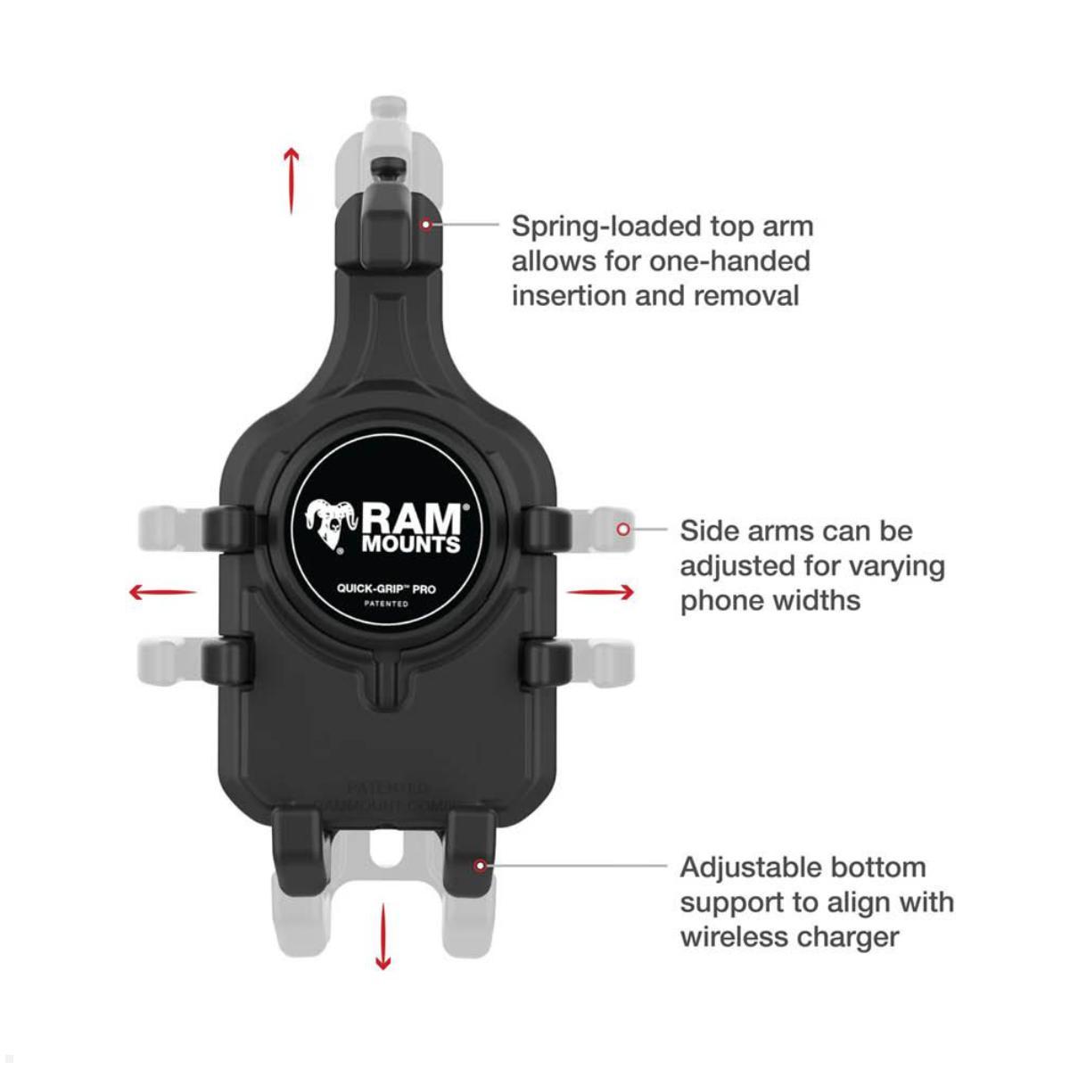 RAM Mounts Quick-Grip™ Pro Universal Smartphone-Halteschale 6,1-7,2'', Vibrationsdämpfung, B-Kugel (RAM-HOL-PD5BVU), Mag-Safe kompatibel
