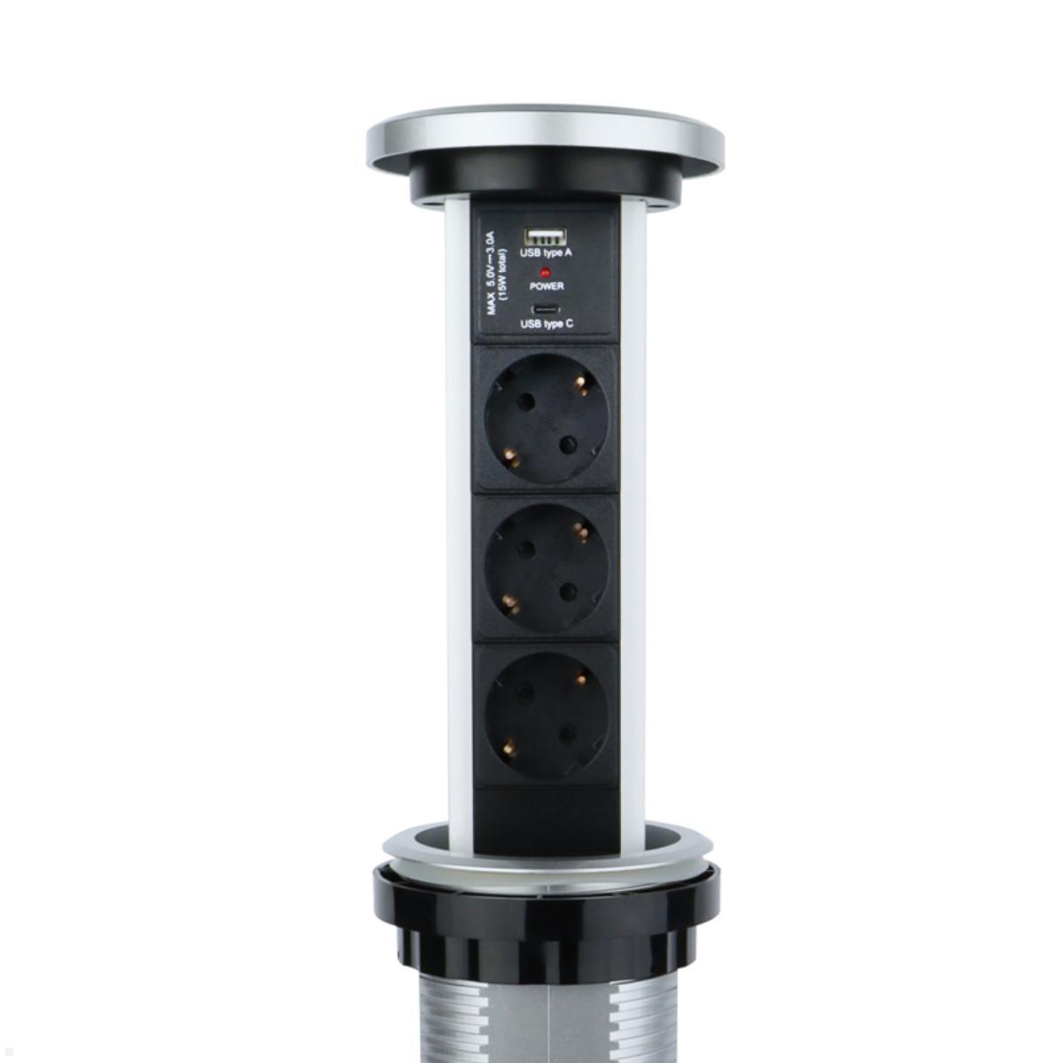 TecLines TVS006S versenkbare 3-fach Steckdosenleiste mit USB A/C, Qi, silber, ausfahrbar TecLines TVS006S versenkbare 3-fach Steckdosenleiste mit USB A/C, Qi, silber, ausfahrbar