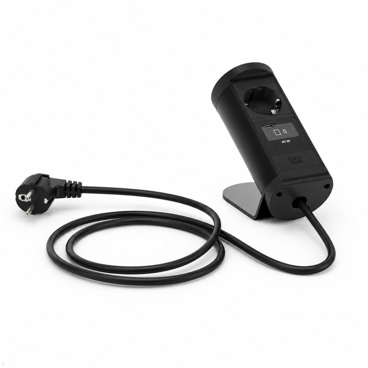 Bachmann NANO Tischsteckdose mit USB-C 45W, Qi2 Wireless Charger, 2 m, schwarz (BM0030779), Tischsteckdose USB-C
