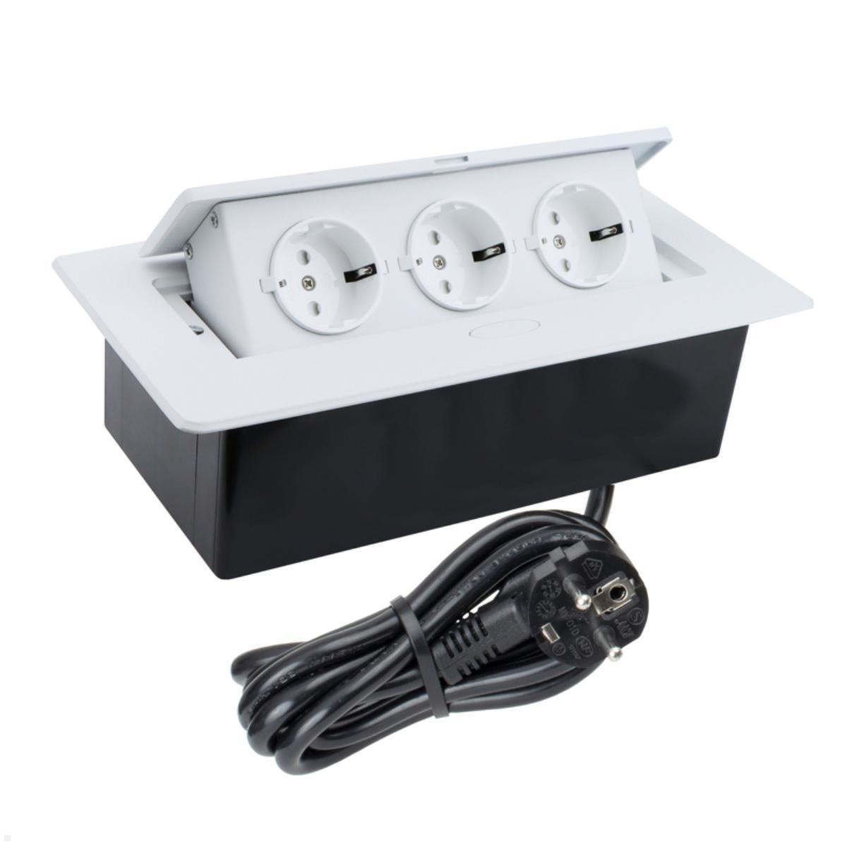TecLines TES011W 3-fach Einbausteckdose mit 3m Kabel, weiß
