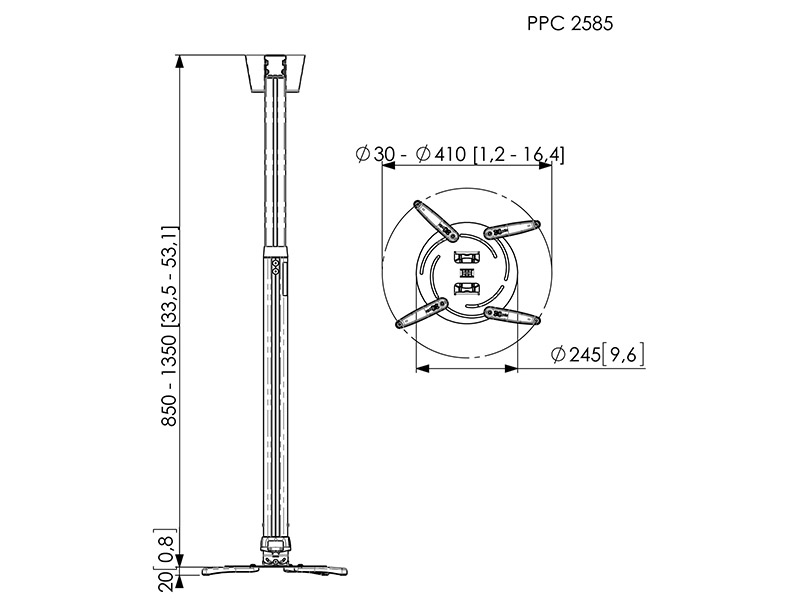 Vogels PPC 2585 Beamer Deckenhalterung 850-1350mm 25kg, Skizze