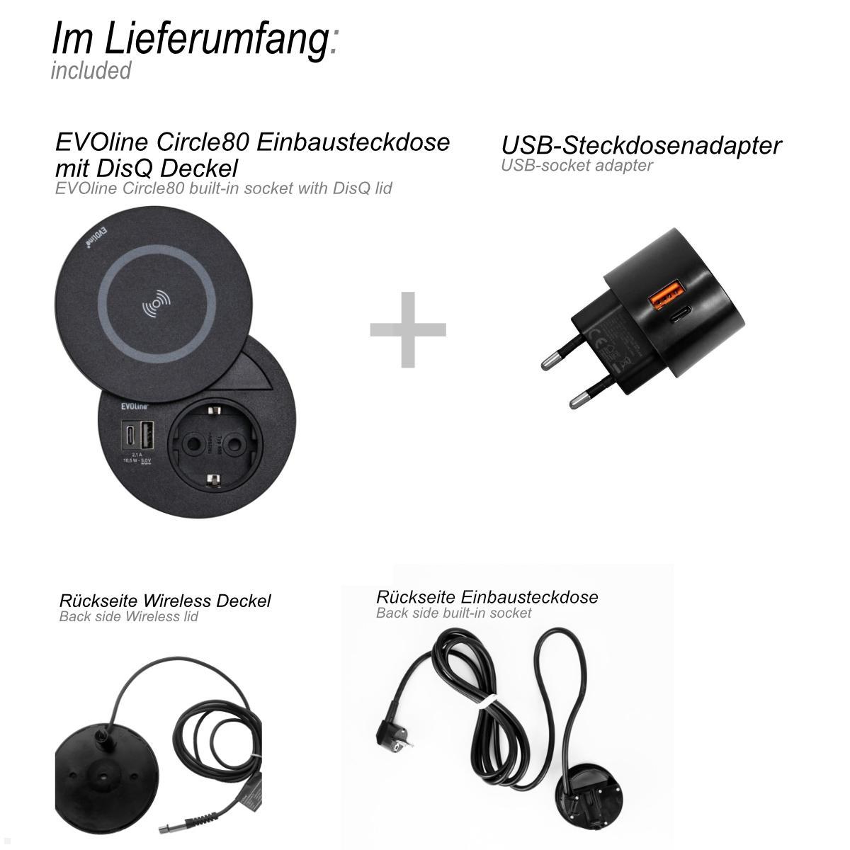 Schreibtisch Einbausteckdose USB-Charger A/C EVOline Circle80 schwarz