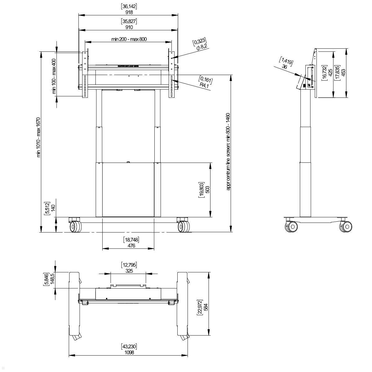 SMS Func Mobile Monitorständer elektrisch höhenverstellbar (FMT031001) schwarz, technische Zeichnung SMS Func Mobile Monitorständer elektrisch höhenverstellbar (FMT031001) schwarz, technische Zeichnung