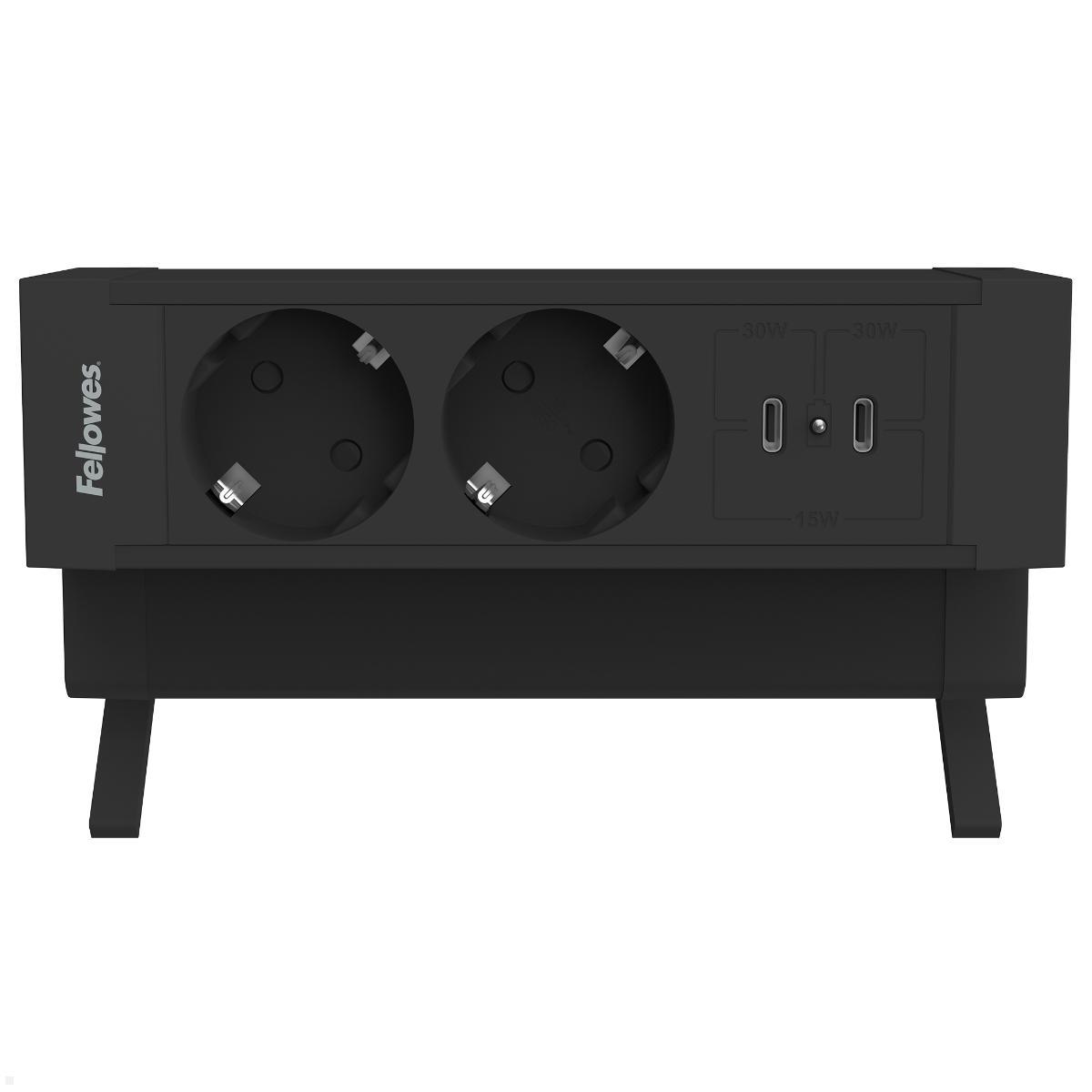 Fellowes Power Desk Up 2.0 Tischsteckdose mit 2x Steckdose, 2x USB-C Charger, Frontansicht