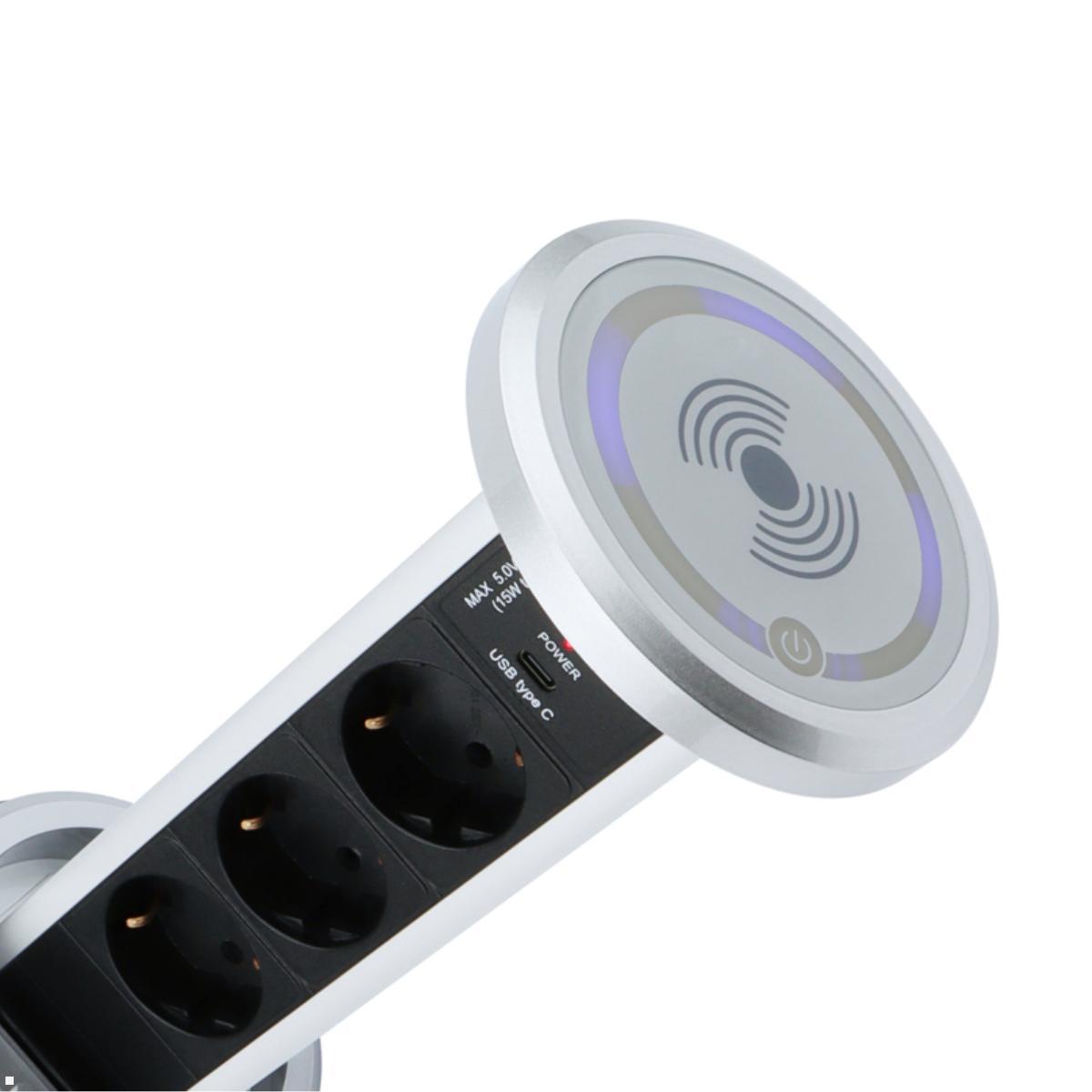 TecLines TVS006S versenkbare 3-fach Steckdosenleiste mit USB A/C, Qi, silber, induktive Ladestation TecLines TVS006S versenkbare 3-fach Steckdosenleiste mit USB A/C, Qi, silber, induktive Ladestation