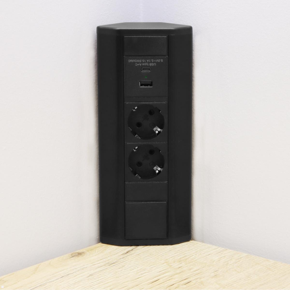 TecLines TAS003 2-fach Ecksteckdose mit 2x USB A+C Charger, Eckmontage