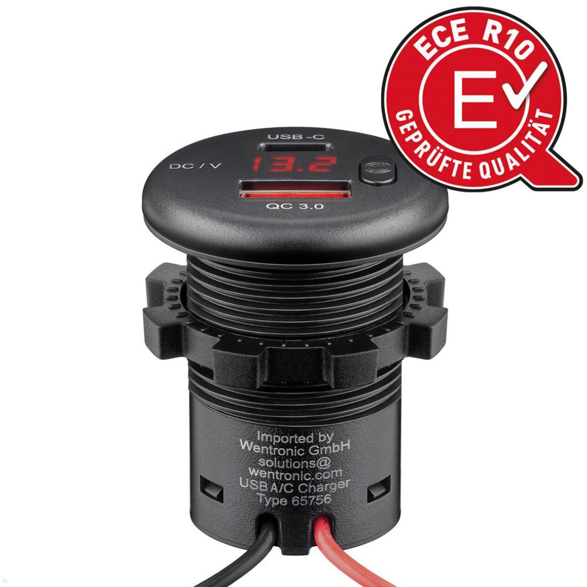 Comount Dual USB-Einbaucharger mit USB-A/C, LED-Anzeige und Taster, Bordspannungsanzeige Caravan
