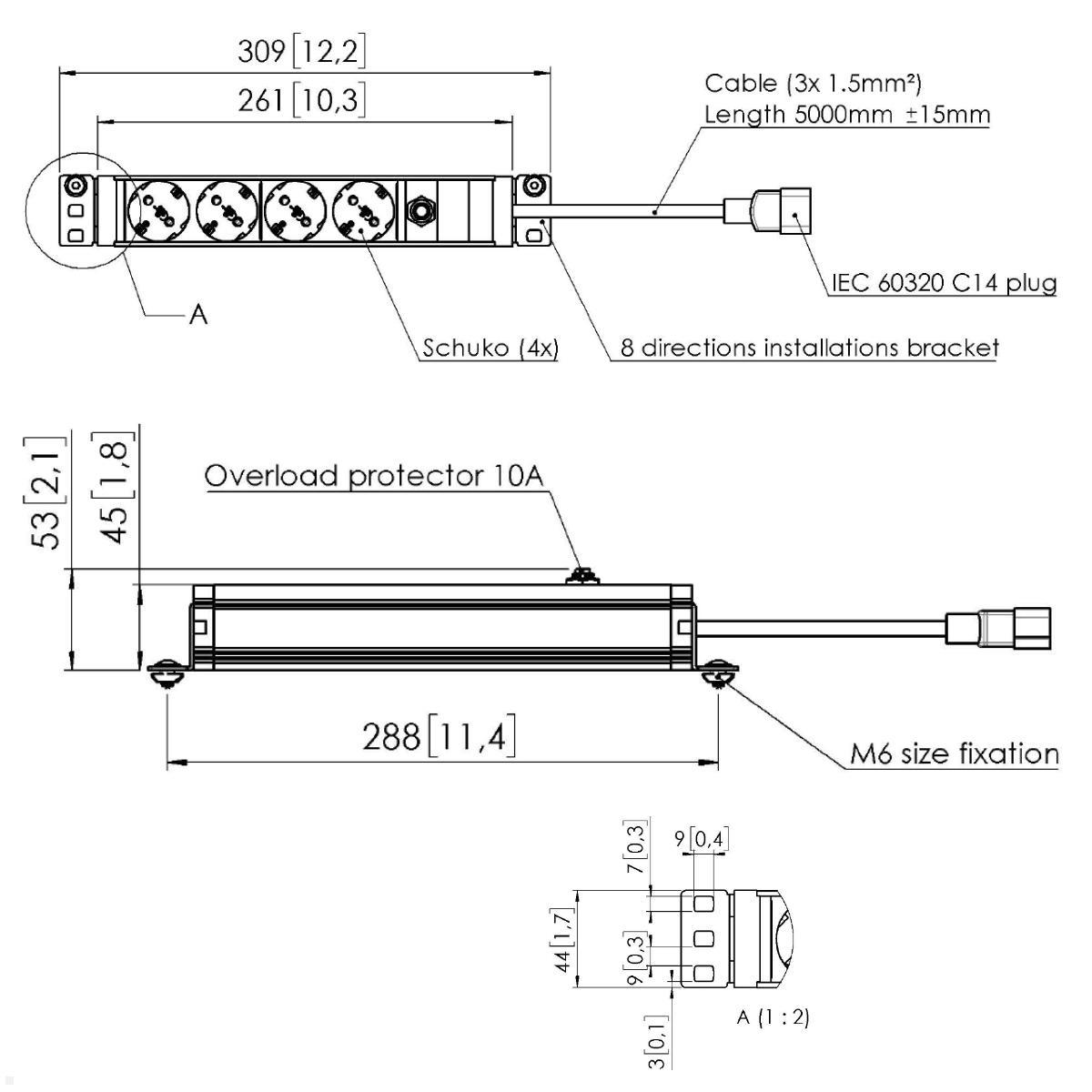 Vogels RISE A152 Zubehör 4-fach Steckdosenleiste mit Halterung für Display-Lifts, Maße Vogels RISE A152 Zubehör 4-fach Steckdosenleiste mit Halterung für Display-Lifts, Maße