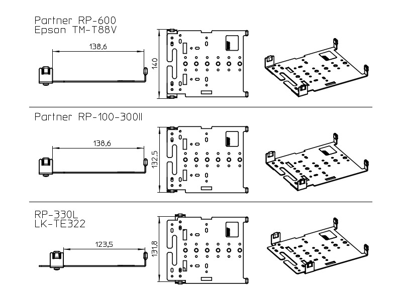 Novus POS Halterung Universal für Drucker (851+0035+008), Technische Zeichnung