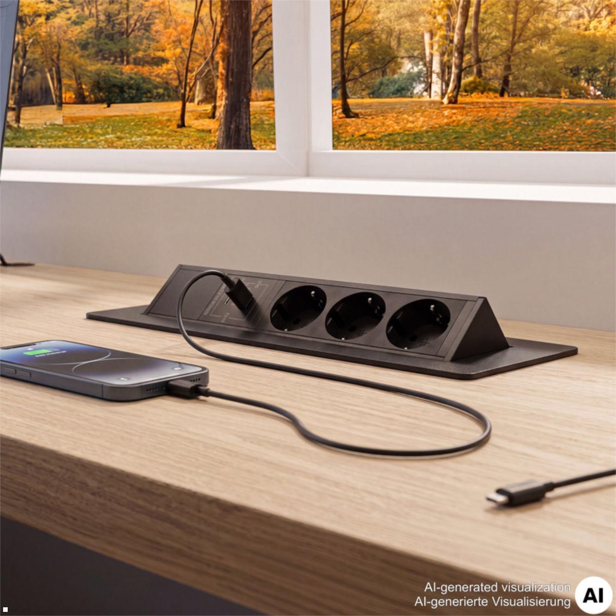 TecLines TES021B 3-fach Einbausteckdose mit USB A+C, schwarz, Aluminium Gehäuse schwarz