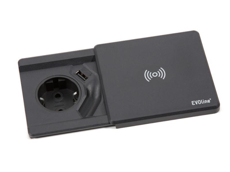 EVOline Square80 Einbausteckdose Qi-Version 1x Schuko und USB schwarz