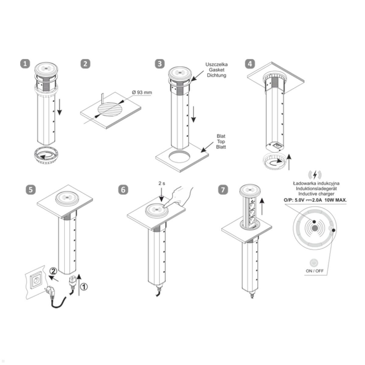 TecLines TVS006B versenkbare 3-fach Steckdosenleiste, Zeichnung