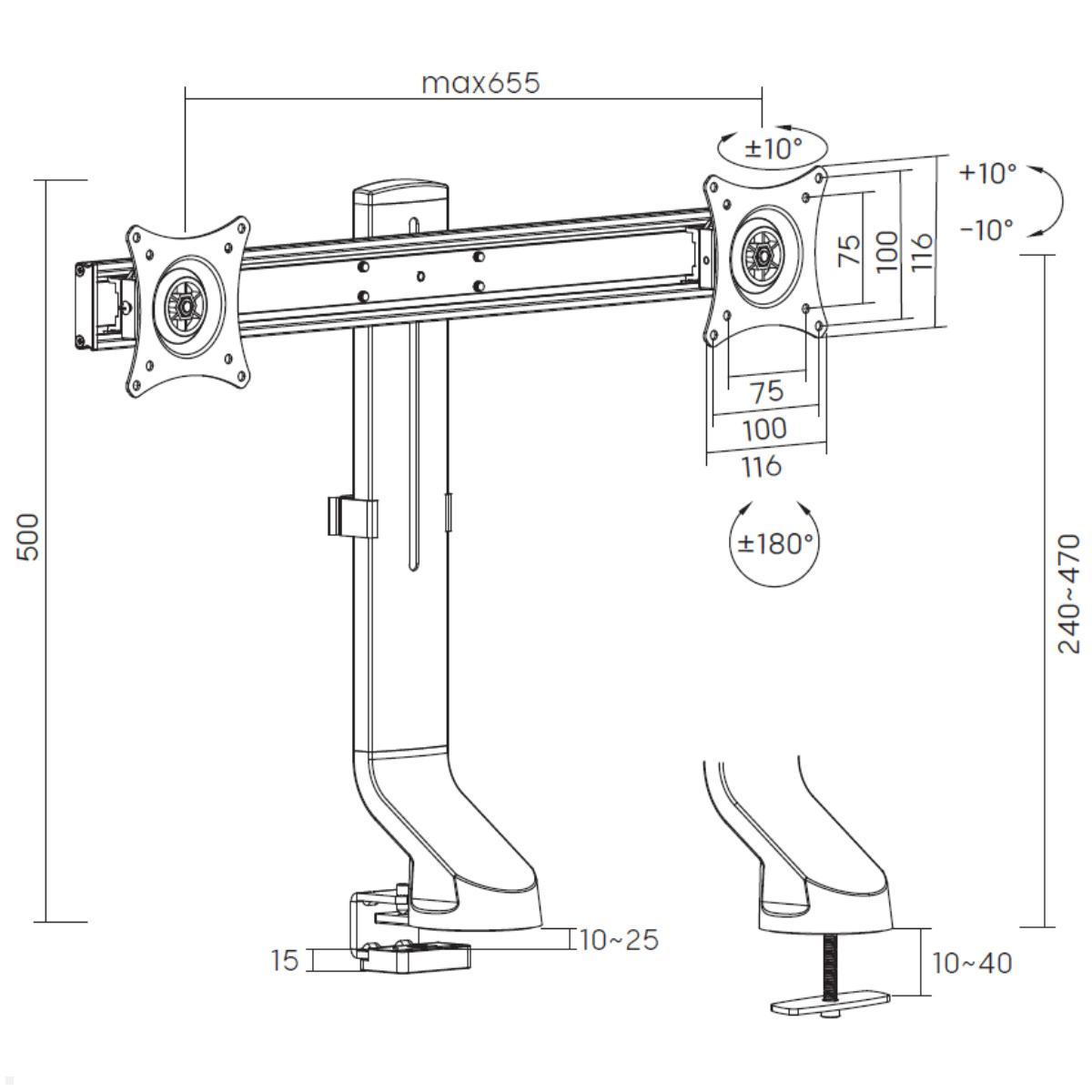 MonLines MTH022B dual Monitor Tischhalterung bis 32 Zoll, höhenverstellbar, schwarz, höhenverstellbarer Schreibtisch Zubehör