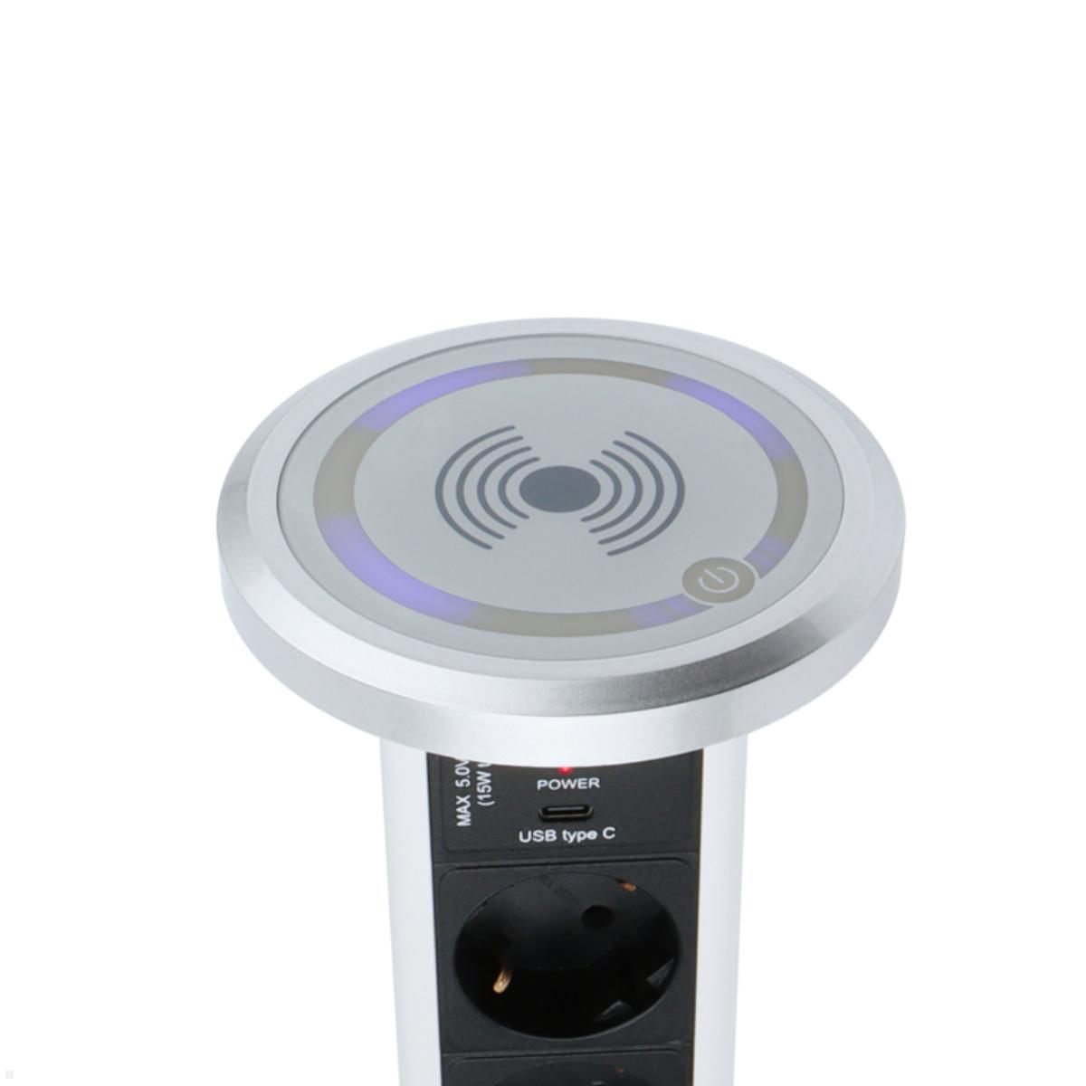 TecLines TVS006S versenkbare 3-fach Steckdosenleiste mit USB A/C, Qi, silber, Kontaktlose Ladefunktion TecLines TVS006S versenkbare 3-fach Steckdosenleiste mit USB A/C, Qi, silber, Kontaktlose Ladefunktion