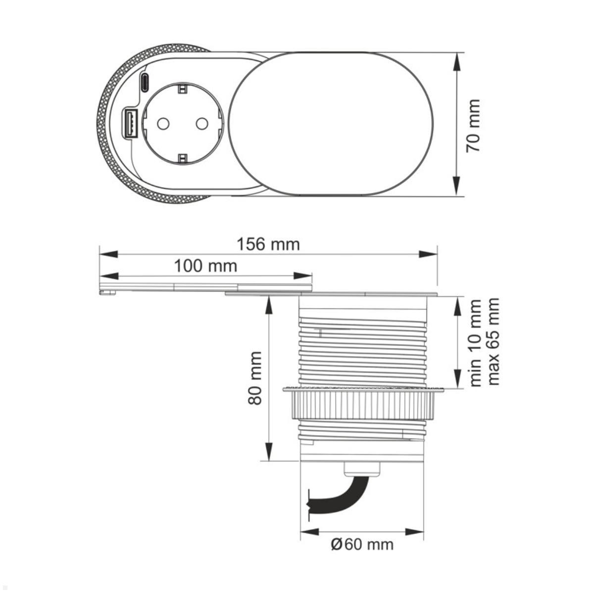 TecLines TES013S Einbausteckdose mit USB-Charger A/C, Schiebedeckel, silber, Steckdose mit Abdeckung