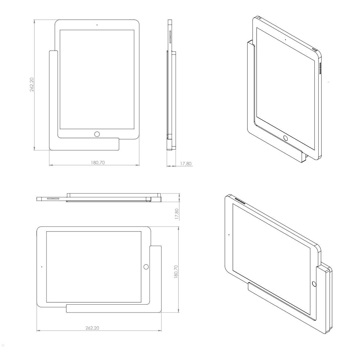 TabLines TWP010W Wandhalterung für Apple Air 1 9.7, weiß, Zeichnung Maße mit Tablet TabLines TWP010W Wandhalterung für Apple Air 1 9.7, weiß, Zeichnung Maße mit Tablet