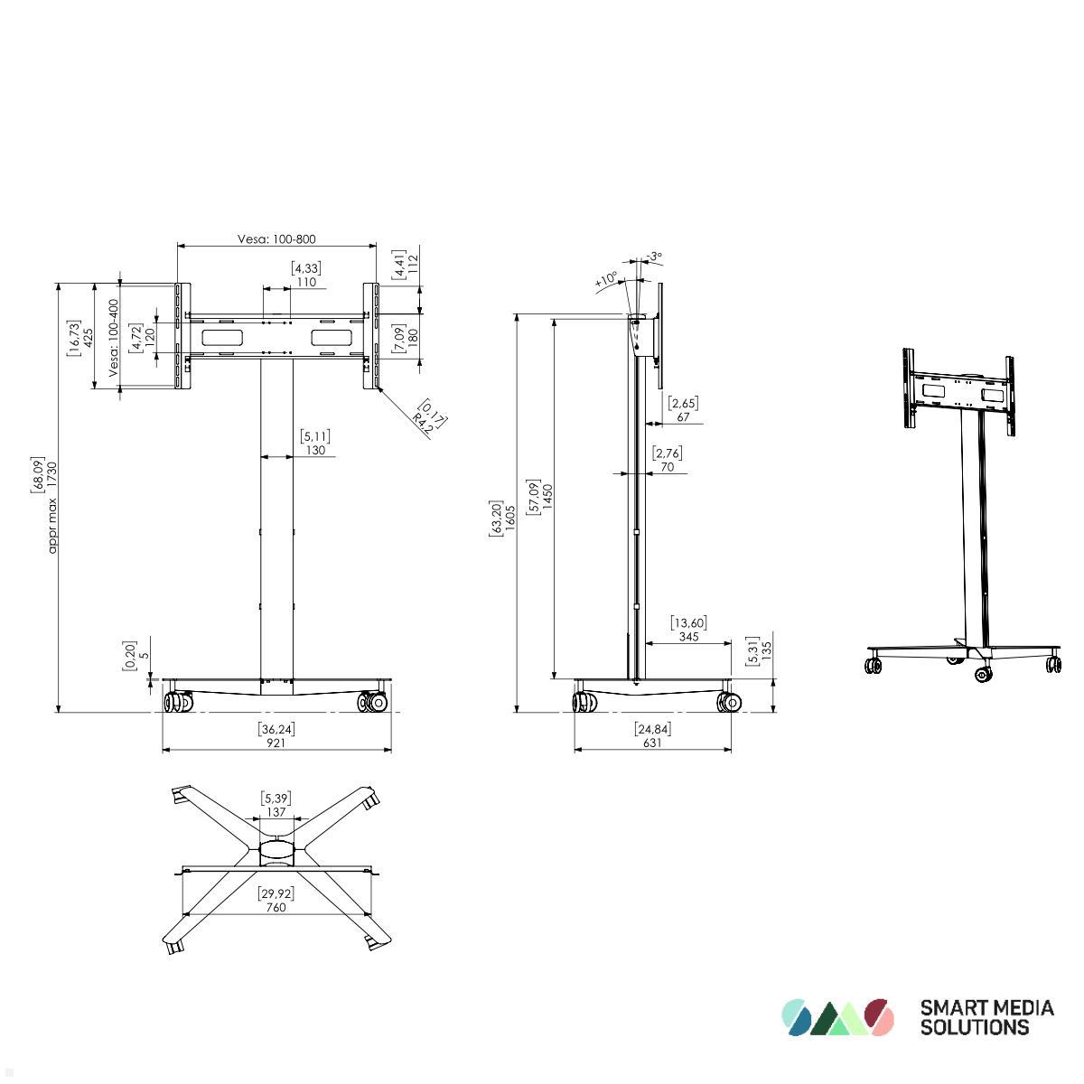 SMS Icon FH MT 1450 mobiler Monitorständer bis 75 Zoll, silber (K12-025-7) technische Zeichnung