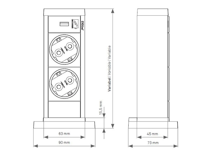 EVOline Up 2x Steckdose mit USB Charger, vertikal Zeichnung EVOline Up 2x Steckdose mit USB Charger, vertikal Zeichnung