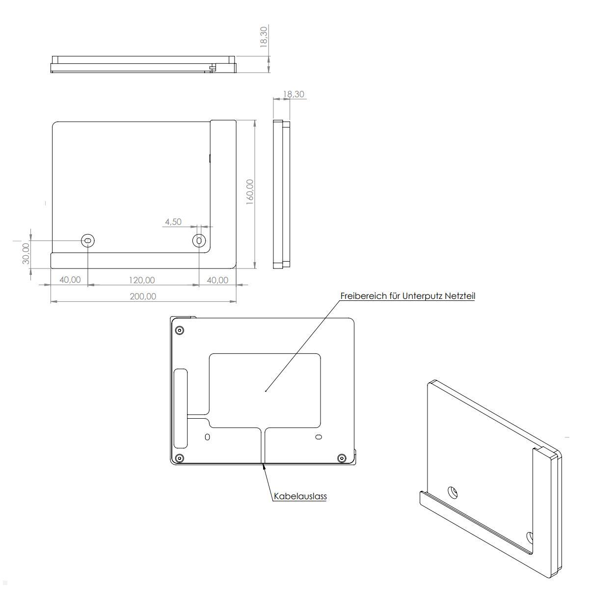 TabLines TWP011W Wandhalterung für iPad Pro 12.9 (5.Gen.) 2021, weiß, Zeichnung Maße Rückwand TabLines TWP011W Wandhalterung für iPad Pro 12.9 (5.Gen.) 2021, weiß, Zeichnung Maße Rückwand