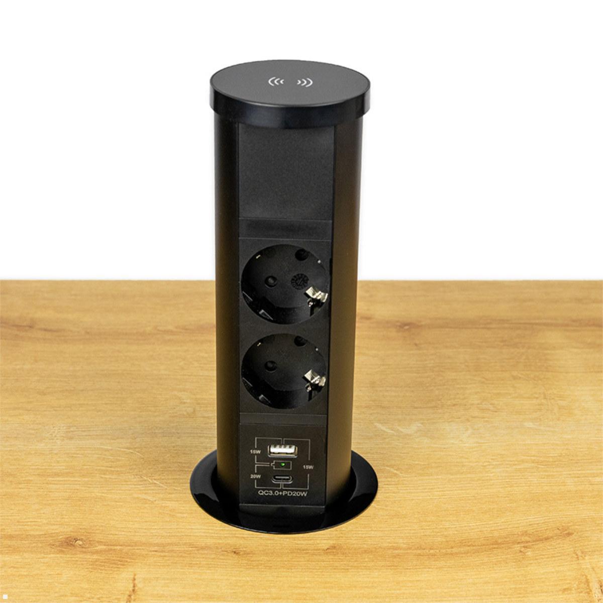 TecLines TVS011B versenkbare 2-fach Steckdose mit USB A/C und Qi charger, schwarz, bündiger Abschluss Tischplatte