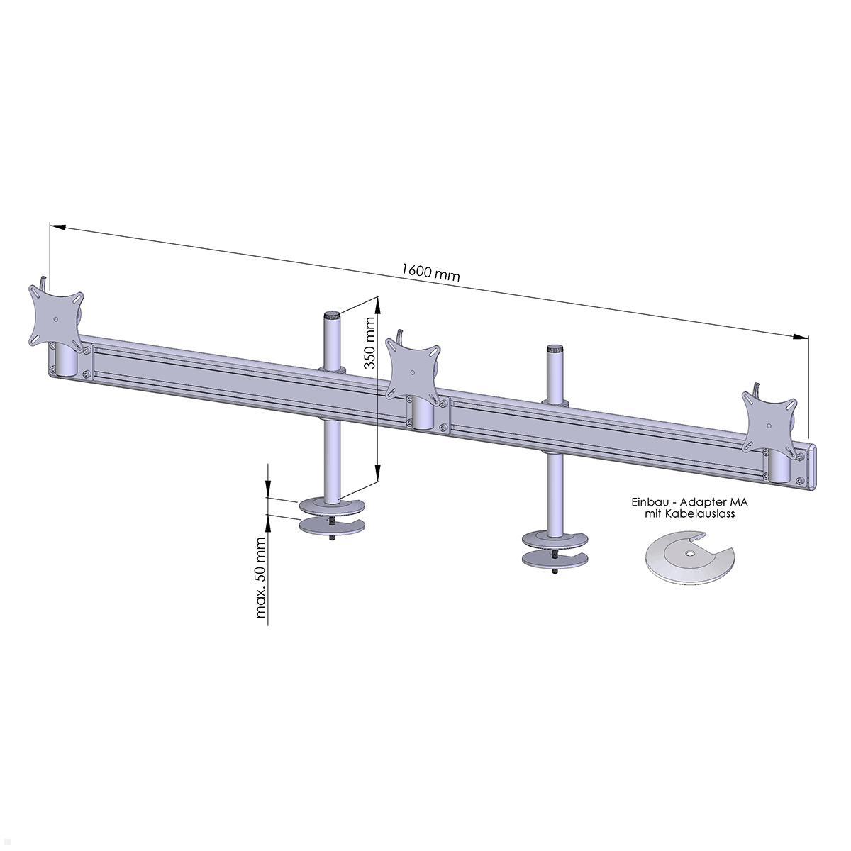 MonLines MTH209B Flat 3-fach Monitor Tischhalterung Einbau 25-32 Zoll, schwarz, Zeichnung Maße